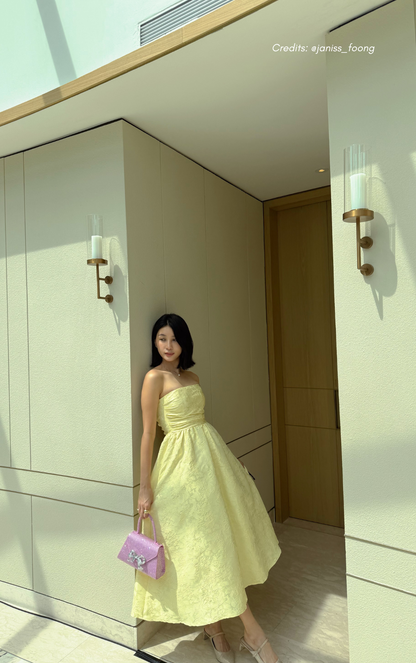 Yellow Floral Jacquard Lace Up Dress
