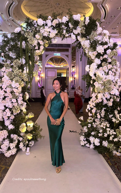 Green Satin Halter with Scarf Dress