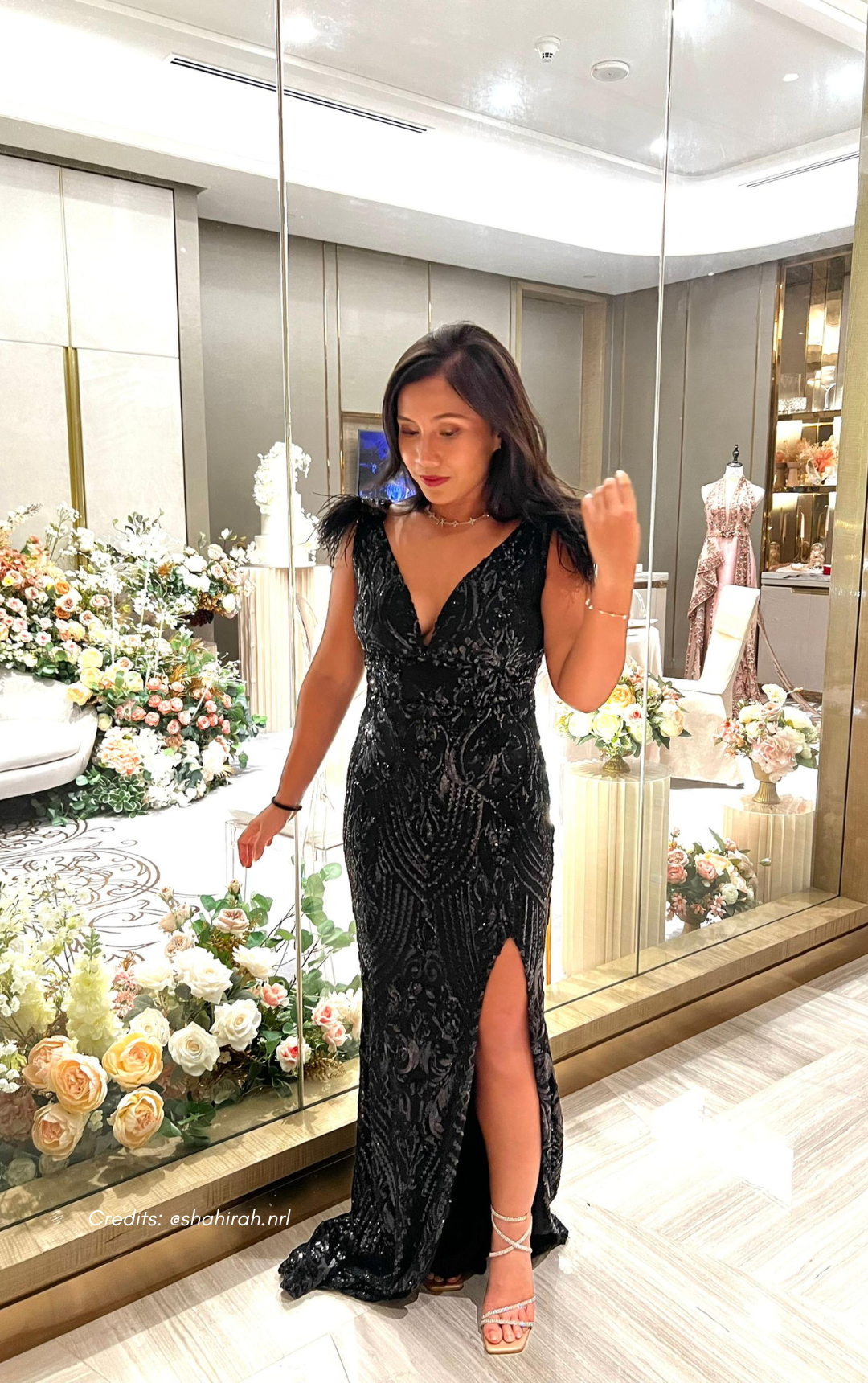 Black Sequin Deep V Feather Dress (Archive Drop)