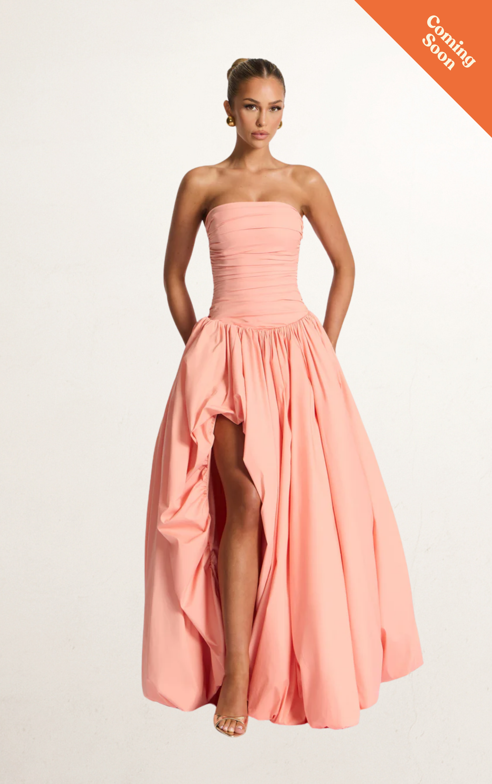 Peach Strapless Ruched Bodice Ball Gown